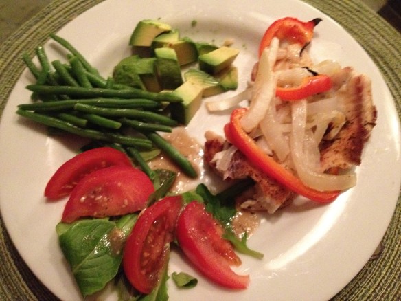 Seasoned Tilapia with Onions and Red Peppers, Green Beans and Side Salad