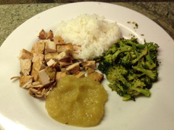 Grilled Chicken, Rice, Broccoli, and Applesauce