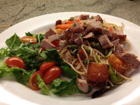 Pasta with Pork Tenderloin, Asparagus, Left over squash, Bell Pepper and Garlic with a Side Salad